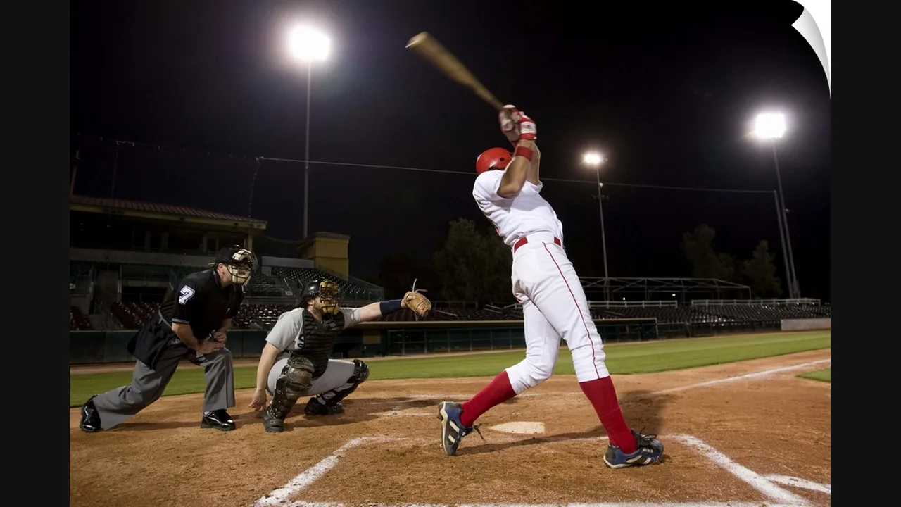 Photograph of a baseball batter swinging at night under stadium lights, with the catcher and umpire behind him