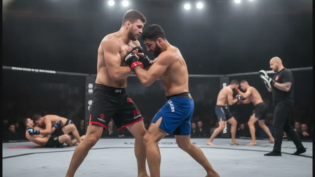 Photograph of two MMA fighters clinched in a cage during a bout, with other fighters in the background