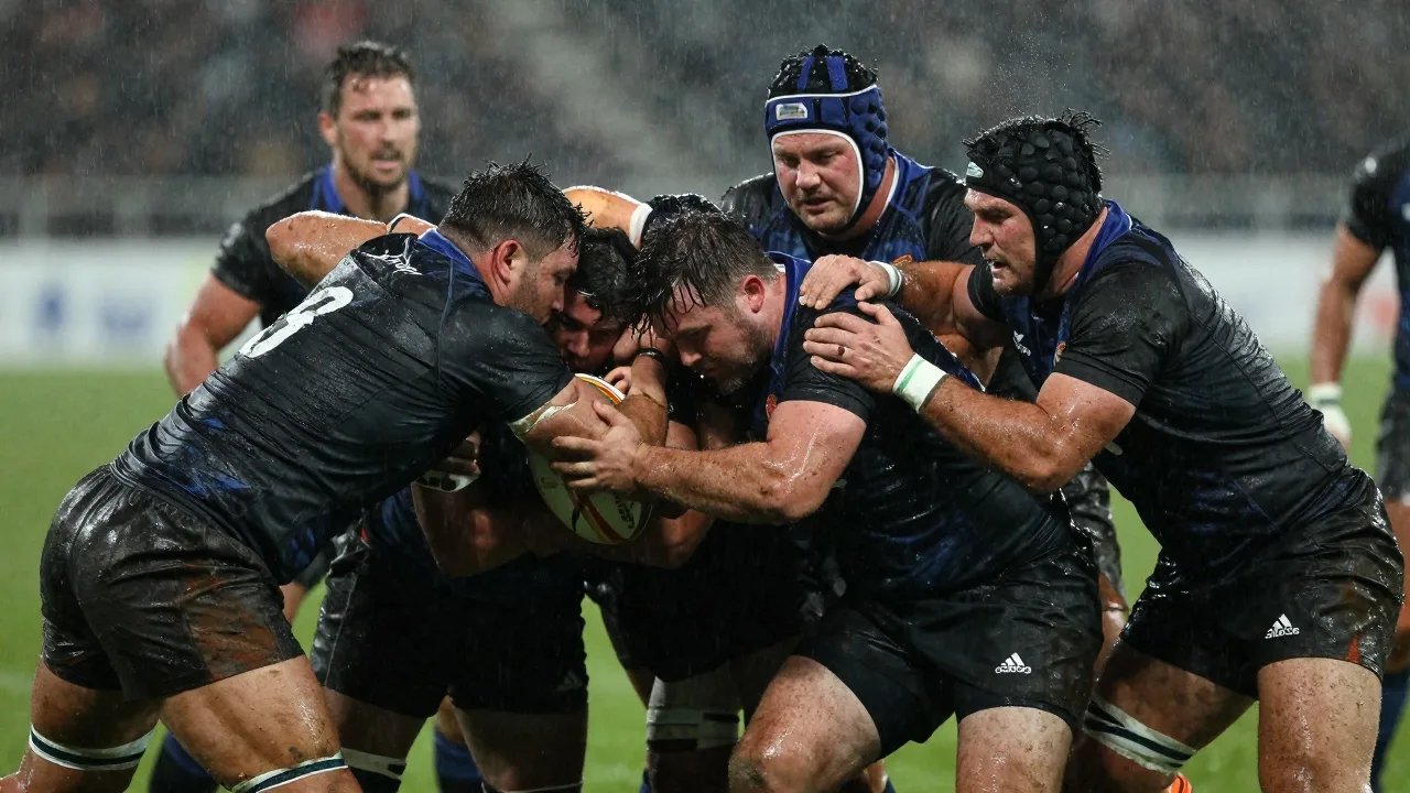 Photograph of rugby players locked in a scrum in the rain during a night match